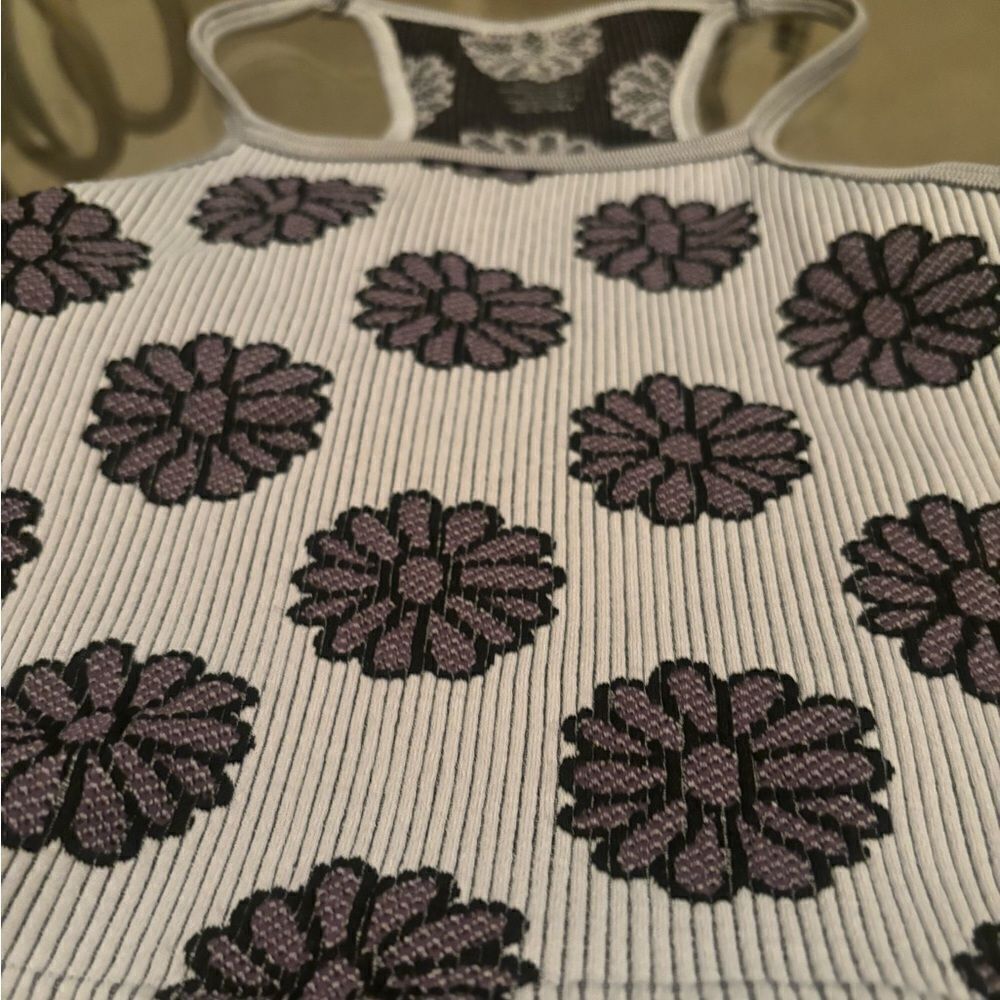 Black Grey & Purple flower ribbed cropped tank